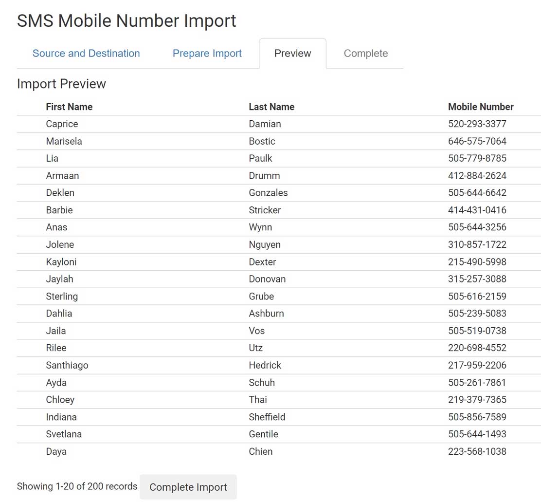 Importing SMS mobile numbers-step3 complete import