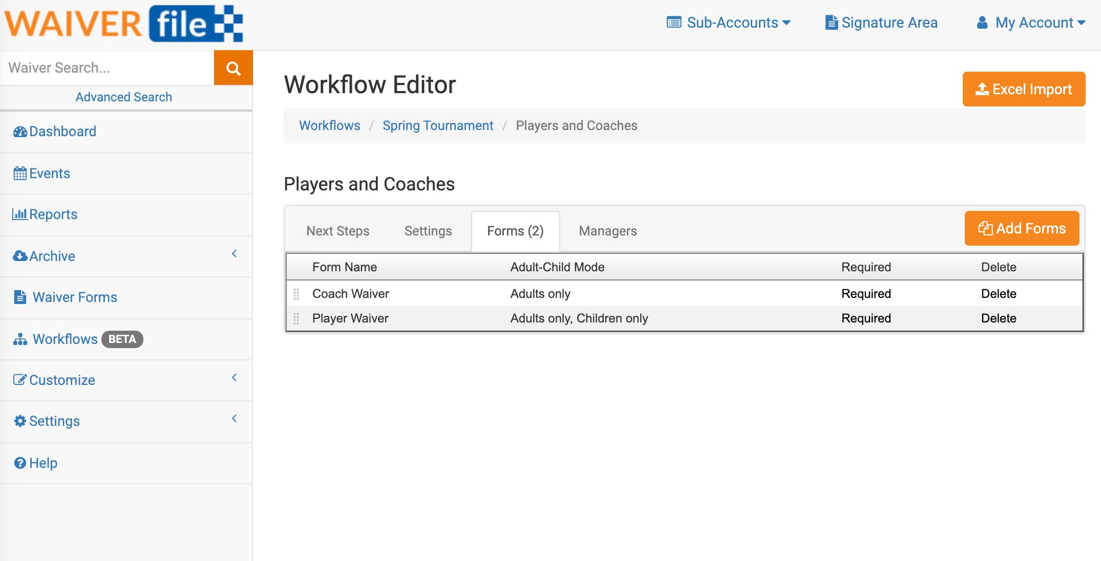 Workflow Editor Waiver Forms