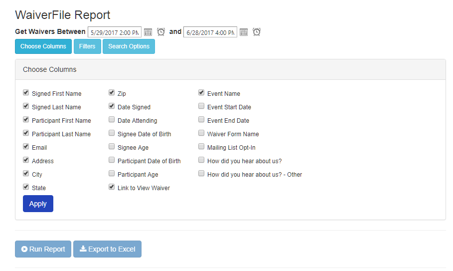 Choose columns for waiver report