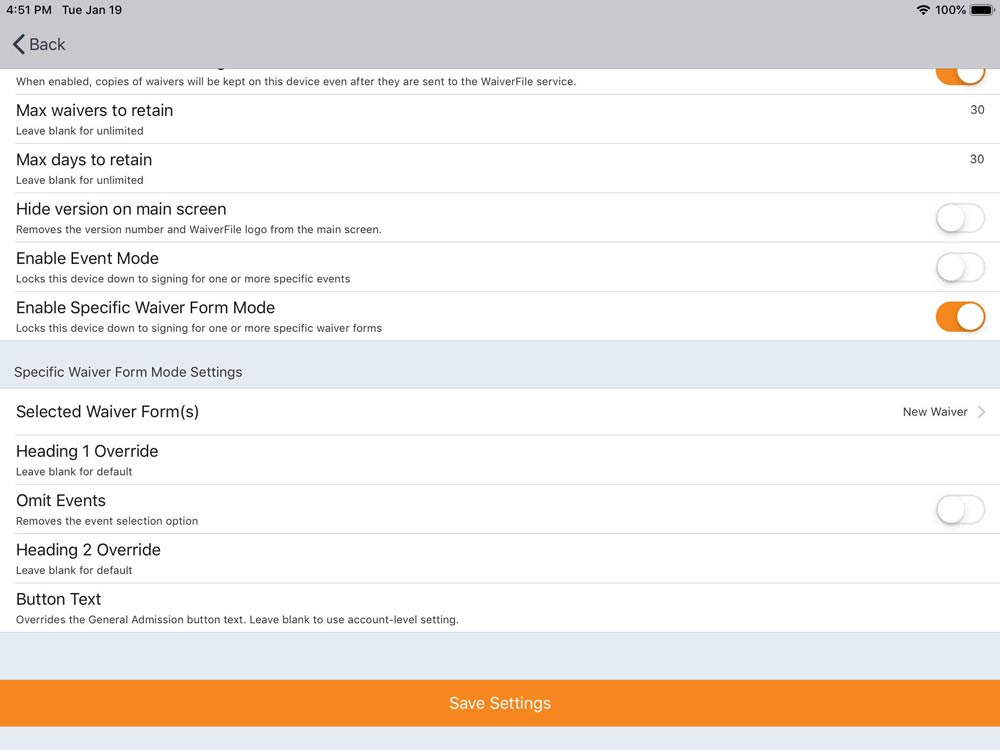 WaiverFile specific waiver form mode settings screen