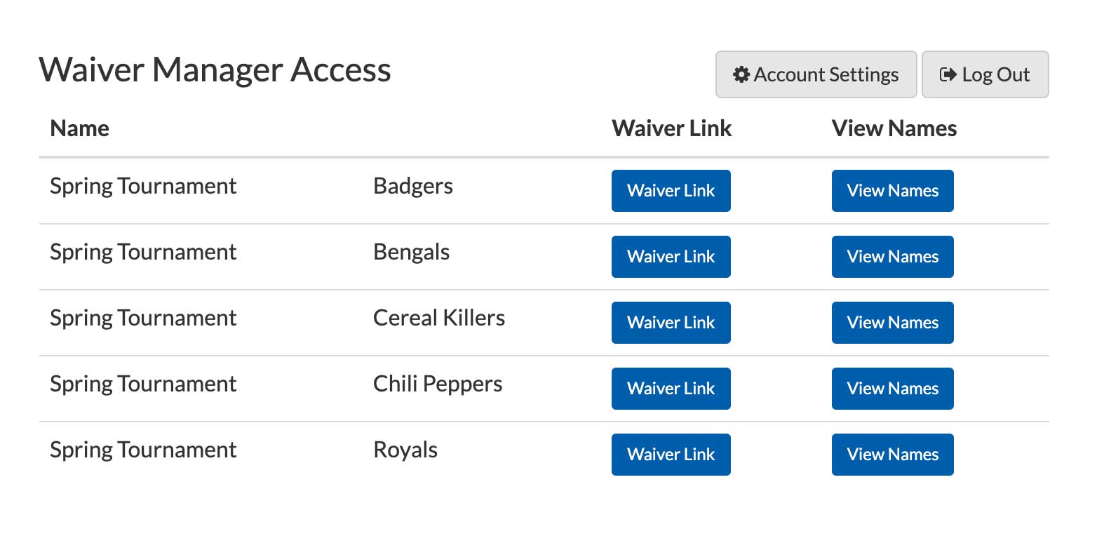 Waiver Manager Access Screen