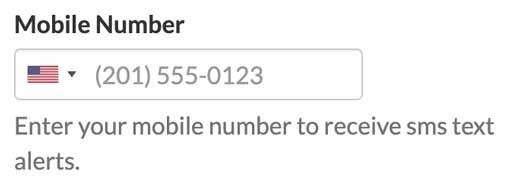 SMS mobile number entry form