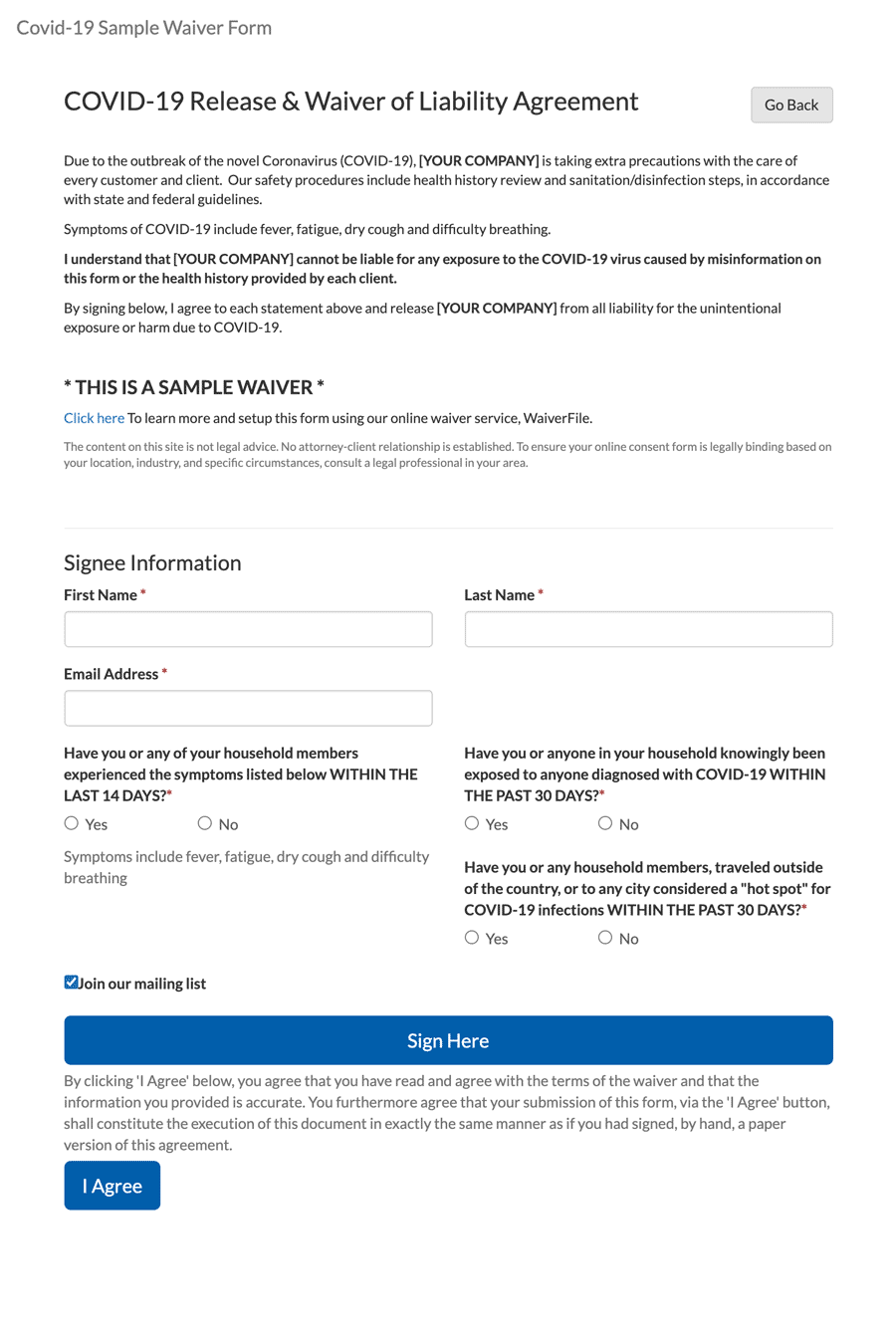 Sample Covid-19 Waiver Form with Health Questionnaire