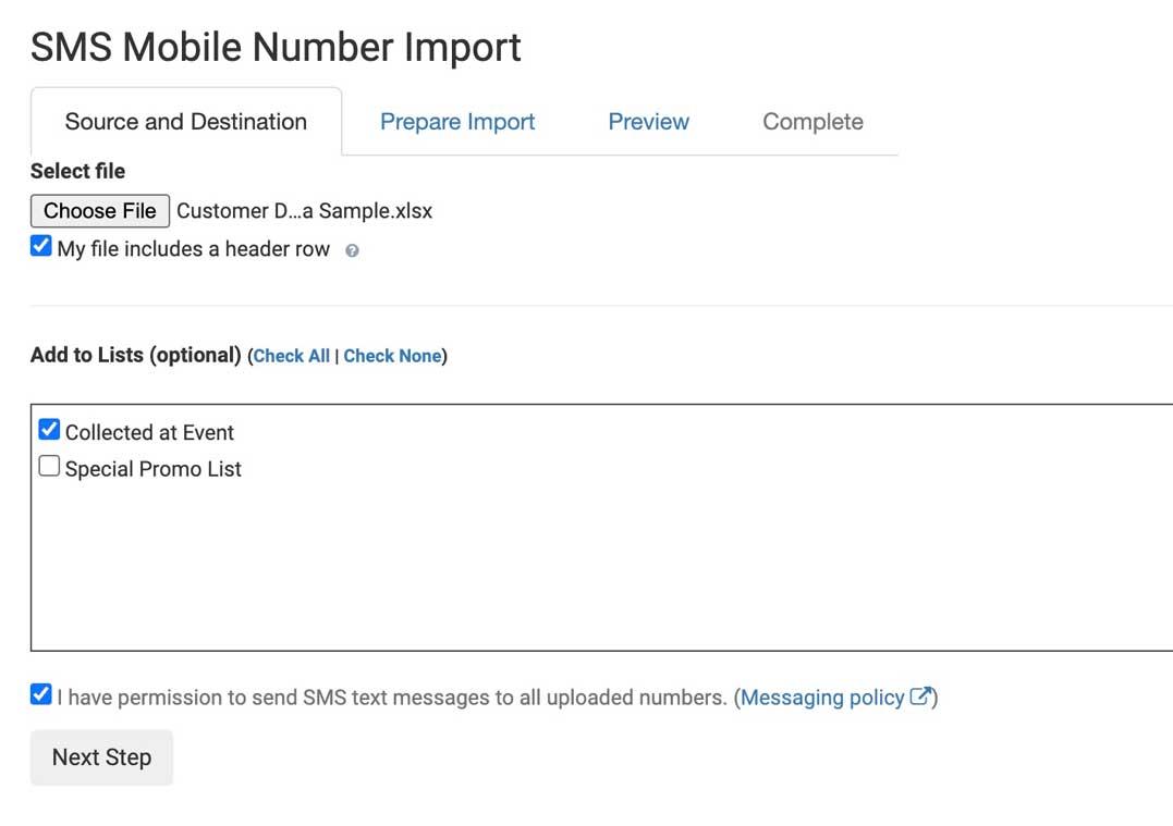 Importing SMS mobile numbers-step1