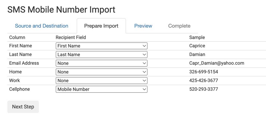 Importing SMS mobile numbers-step2 mapping fields